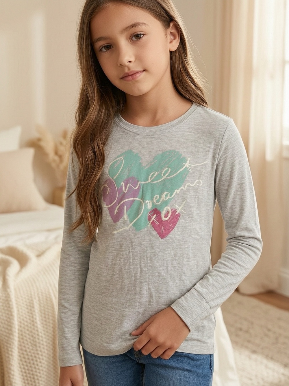 George Light Gray Long Sleeve Tee with Pastel Heart Script
